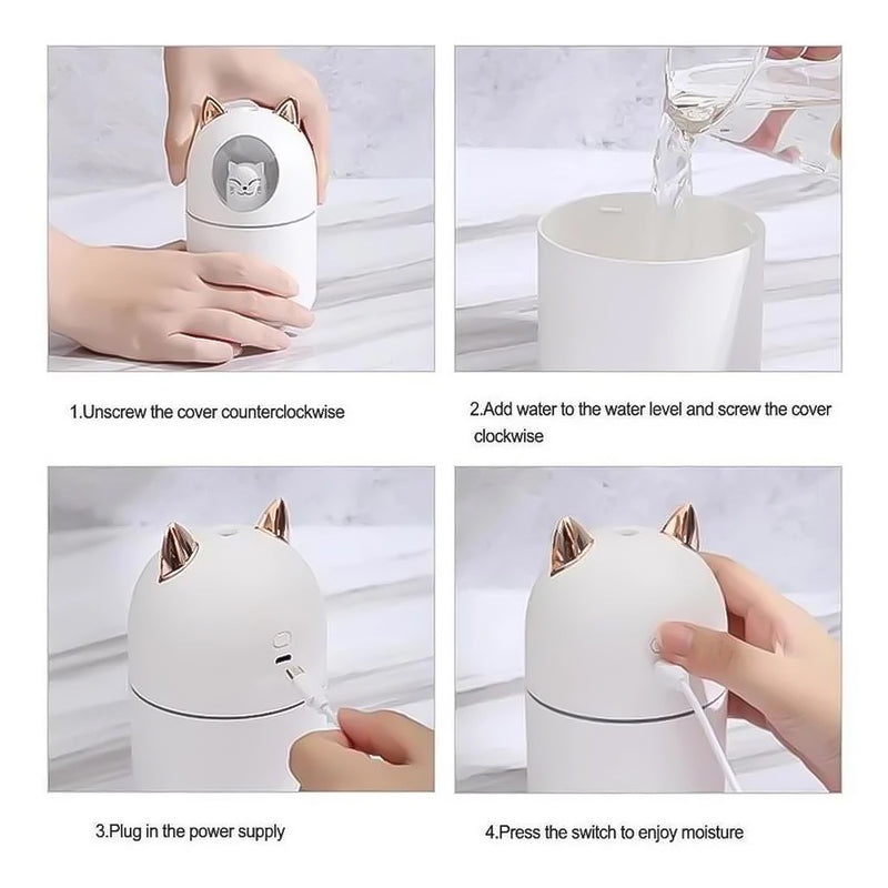 Umidificador Aromatizador Difusor Gatinho Luz RGB 300ml