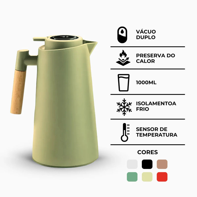 Garrafa Térmica com Termômetro Digital 1L  Verde – Cabo de Madeira