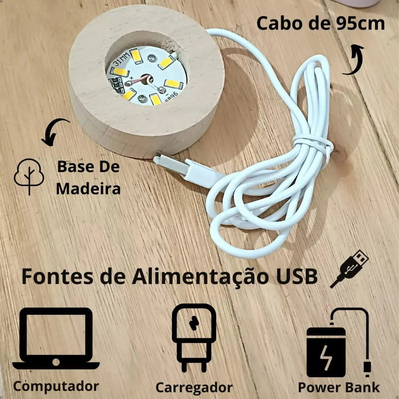 Luminária de Mesa Sistema Solar 3D em Cristal com Base de Madeira