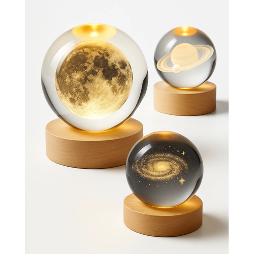 Luminária de Mesa Sistema Solar 3D em Cristal com Base de Madeira