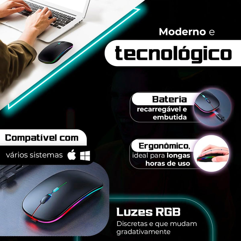 Mouse Sem Fio Recarregável RGB com Iluminação LED e DPI Ajustável