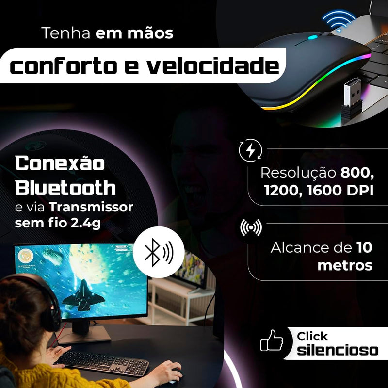 Mouse Sem Fio Recarregável RGB com Iluminação LED e DPI Ajustável