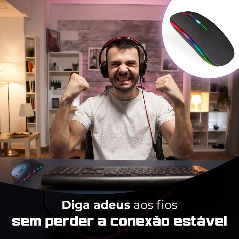 Mouse Sem Fio Recarregável RGB com Iluminação LED e DPI Ajustável