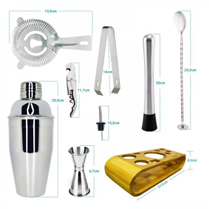Kit Coqueteleira Aço Inox Para Caipirinha e Drink + Suporte de Madeira